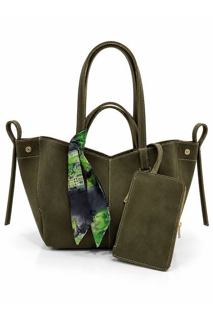 Women's Special Design Hand and Shoulder Bag with Scarf and Wallet Detail