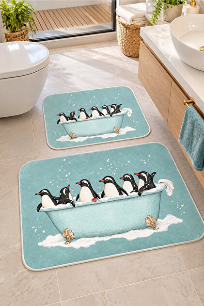 Digital Non-Slip Washable Penguin Double Bath Mat Bathroom Rug Bathroom Decor 40X60+60X90 cm