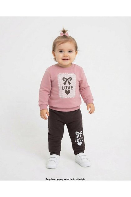 Girl's Love Printed 1-2-3-4 Years Old Winter 3 Threaded Rastered 2-Piece Top and Bottom Tracksuit Set