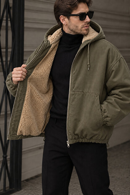 Men's Fur-Lined Hooded Gabardine Coat