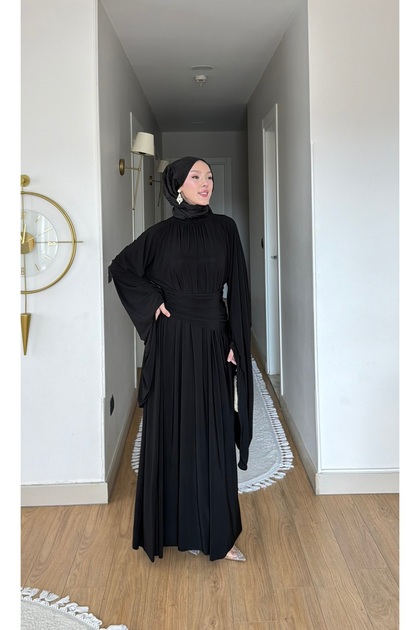 Büzgü Bel Detaylı Yarasa Kol Uzun Leyla Elbise