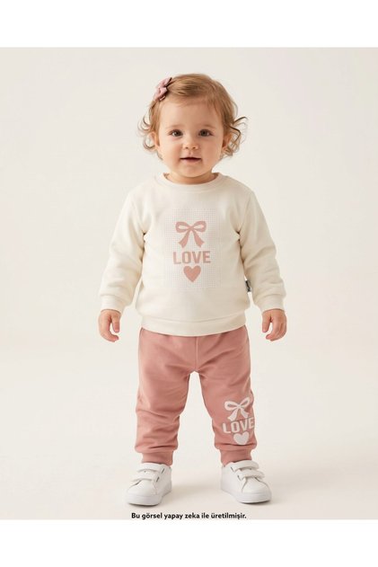 Girl's Love Printed 1-2-3-4 Years Old Winter 3 Threaded Rastered 2-Piece Top and Bottom Tracksuit Set