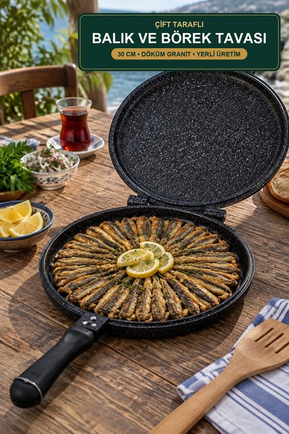 Çift Taraflı Balık ve Börek Tavası 30 cm Döküm Granit Hamsi Tavası Yerli Üretim