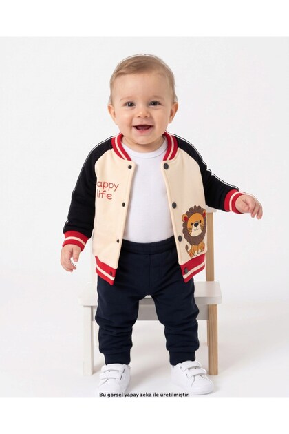 Baby Boy 1-2-3 Years Old, Lion Printed Thick 3-Strand Rastered College Cardigan, Jacket,