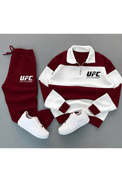 Yeni Sezon Premium Kumaş Polo Yaka Parçalı UFC Baskılı 3 İplik Sweatshirt - Eşofman Altı 2'li Takım