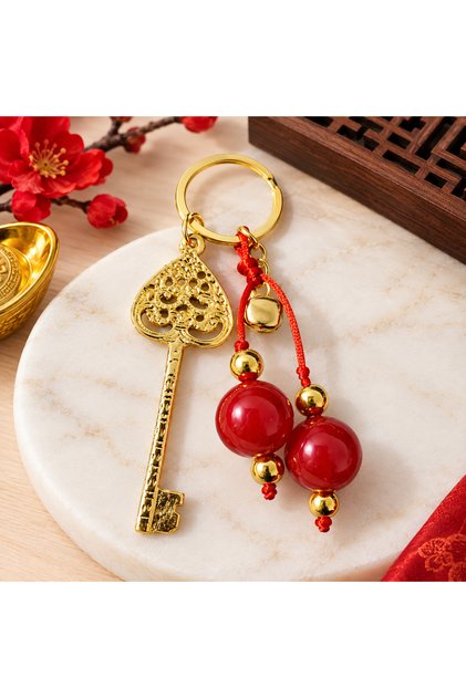 Feng Shui Golden Yellow Embroidered Red Fortune Beaded Decorative Keychain Metal