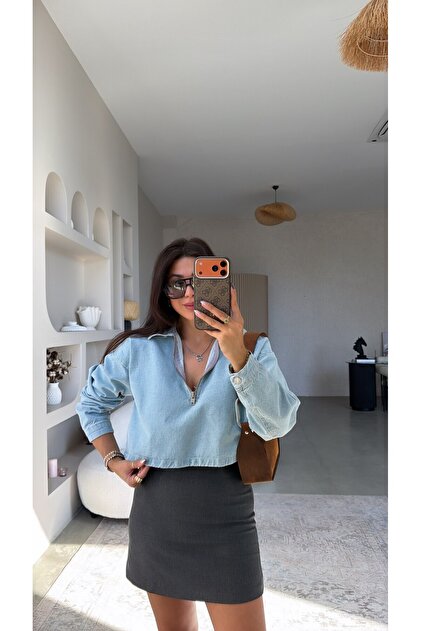 Açık Denim Yakalı Sweatshirt