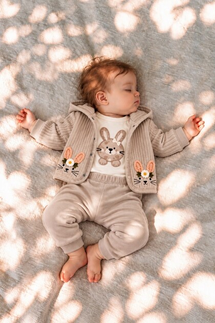 Baby Girl Set - Rabbit Patterned Hoodie - Long Sleeve Bodysuit - Cardigan - 3-Piece Set Premium Quality 3 6 9 12 Months