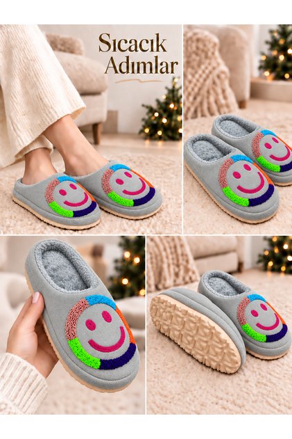 Women's House Slippers Plush Christmas New Year Smiling Face Figured Silent Lightweight Sole