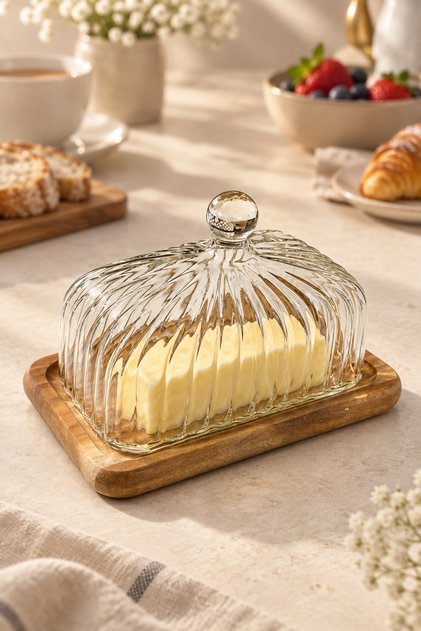 Aurelia Acacia Glass Covered Butter Storage Container - Glass Butter Dish - Breakfast Serving Container