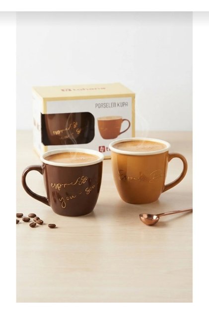 Tohana Porselen Kupa Seti 2'li -Gold Yazılı Kahve - Espresso Kupası ( Kahverengi -Hardal )
