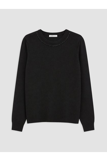 Nevavm Lcw Grace Black Knitwear Stone Oval Collar Women's Sweater with a Difference