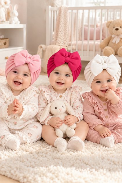 Newborn Baby Girl 3-Piece Set / Girl's Bowknot Double Layer Bonnet, Suitable for Use between 0-12 Months
