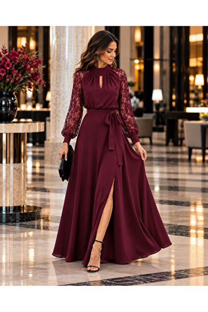 Women's Lace Sleeves High Neckline Sweetheart Neckline Detailed Waist Belted Slit Long Maxi Crepe Dress