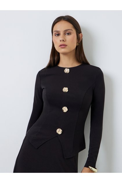 Black Long Sleeve Knit Top with Gold Buttons