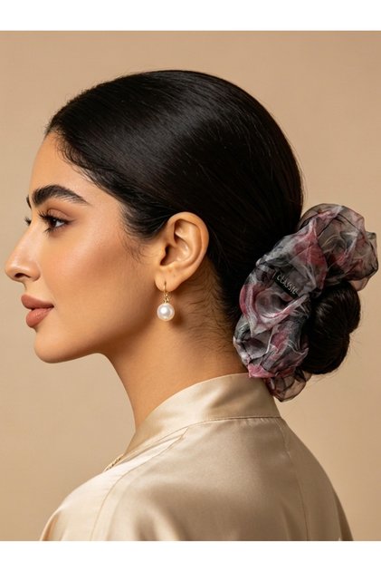 Oversized Retro Dark Floral Print Sheer Organza Scrunchie, 18cm