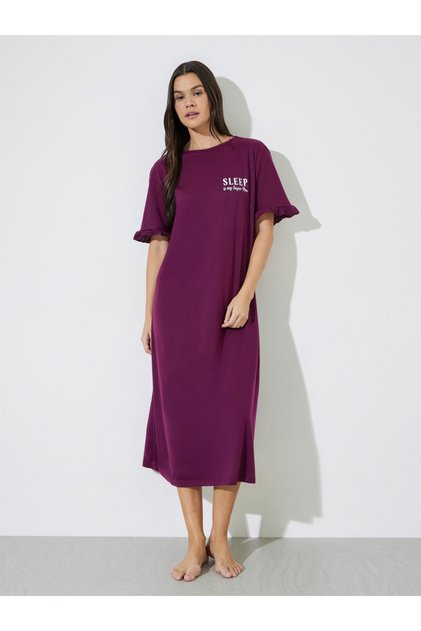 Burgundy Pocket Placement Slogan Ruffle Sleeve Sleep T-Shirt