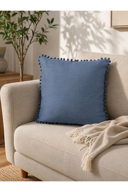 1-Piece Cotton Cushion Cover with Pom-Pom Trim 45x45cm