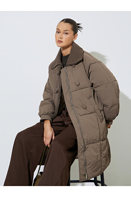 Brown Solid Zip Knee-Length Puffer Coat