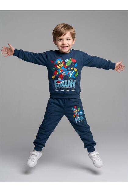 Boy's Patterned 3-Yarn Rastered Elastic Leg Sweatpants Set - 261196