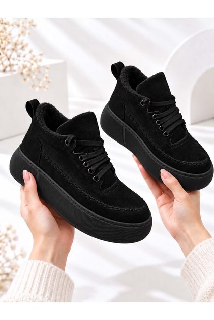 Nolen Women's Black Lace-Up Luxury Suede Fur Lined 4 cm Thick Sole Sneaker Sports Shoes