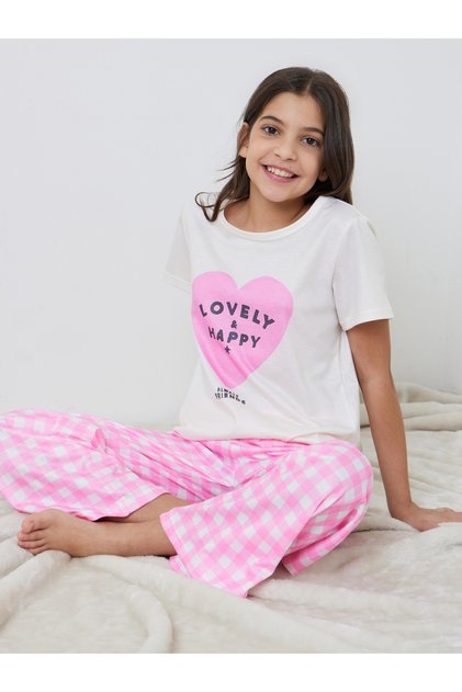 Teen Girls Short Sleeve T-Shirt and Checked Pyjama Set