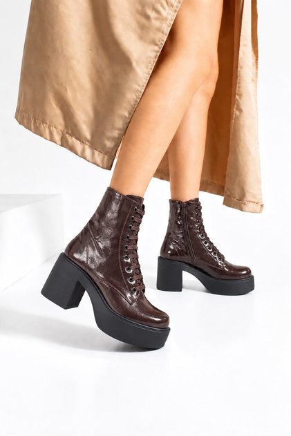 Melvian Women's Bitter Brown Wrinkled Patent Leather Lace-Up Zippered Fur Inside 8 cm Thick Heel 3 cm Platform