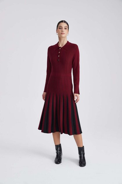 Polo-Collar Knit Midi Dress with Two-Tone Pleated Skirt