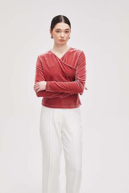 Velvet Wrap-Style Long Sleeve Blouse with V-Neck
