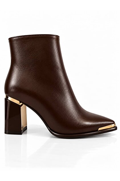 Women's Brown Pointed Toe 8 cm Heeled Stylish Daily Ankle Boots with Gold Metal Detail