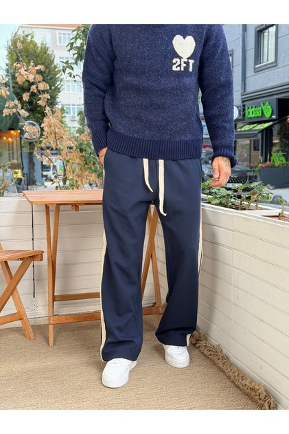 Side Straw Stripe Patterned Baggy Fit Tracksuit Navy Blue 5135