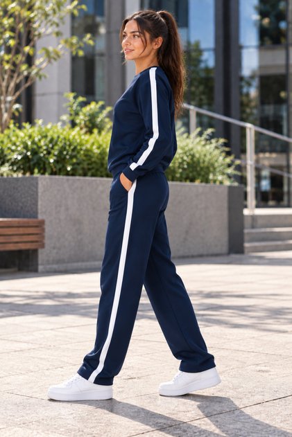 Women's Striped Detail Circular Necklace Sweat Suit