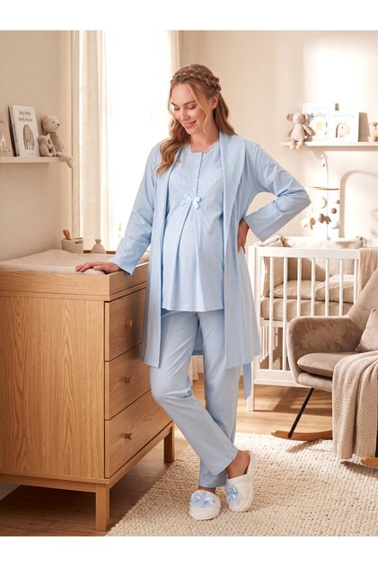 New Season Blue Shawl Collar Buttoned Lace Detailed Special Design Long Sleeve Maternity Pajama Set 3-Piece Set
