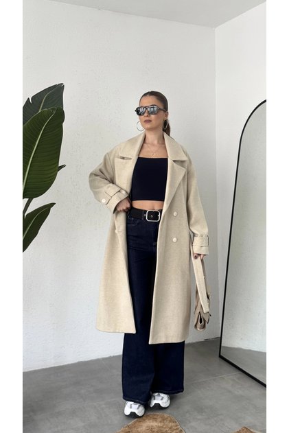 Women's Cream Belted Double-Breasted Cashmere Coat Long Oversize Wide Collar Winter Coat