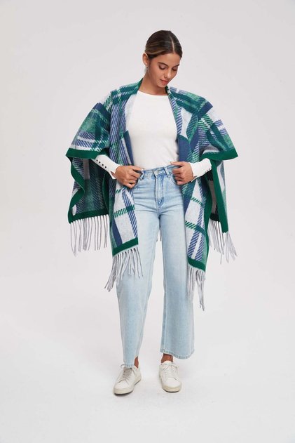 Women's Checked Poncho with Fringe