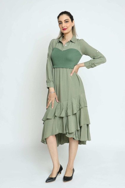 Solid Midi Dress with Ruffles