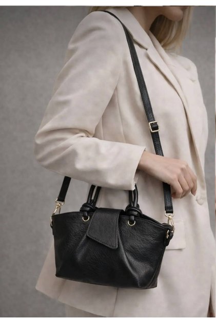 Women's Black Snap Closure Soft Faux Leather Hand and Shoulder Bag