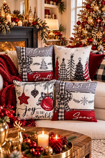 Double-Sided Printed Merry Tartan Patterned Set of 4 Suede Throw Pillow Covers - New Year - Christmas