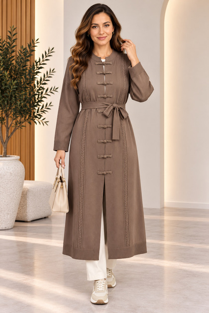 Plus size knit patterned long knitwear cardigan mink
