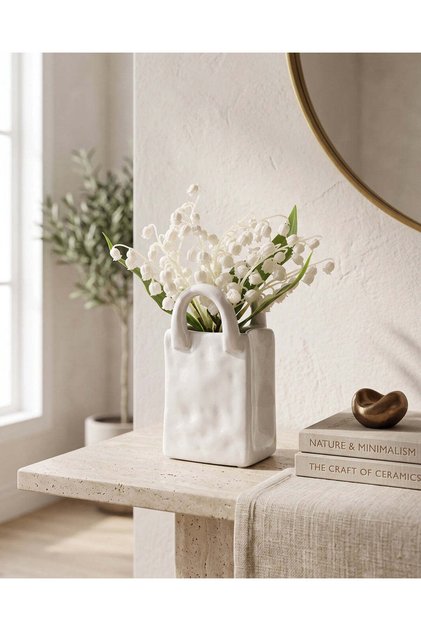 White Lily of the Valley in Ceramic Basket Vase 23 × 17 × 8 cm