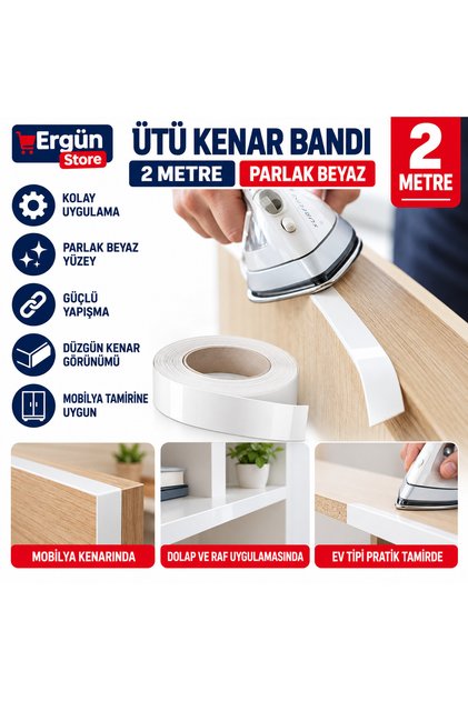 Mobilya Kenar Bandı Ütüyle Yapışan Kenar Bandı 2 Metre Parlak Beyaz Renk Kendinden Tutkallı