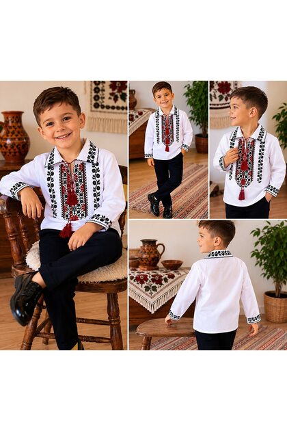 Ie Traditionala Pentru Copii Model Geometric Rosu/ Negru 12-13 Ani