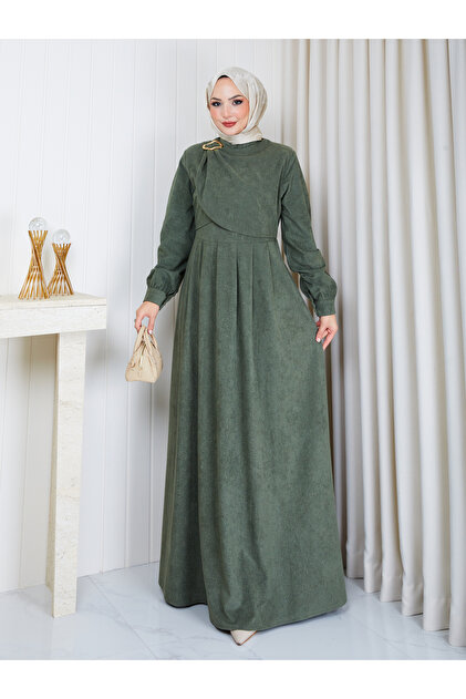 Women's Velvet Tunic Dress with Brooch Detail