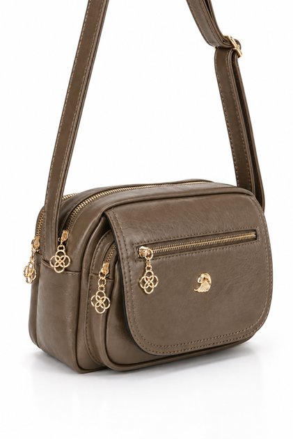 Women's 4-Compartment Soft Leather Cover Gold Color Clover Zipper Crossbody and Shoulder Bag