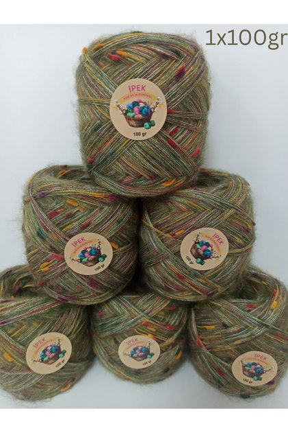Kid Moher Örgü İpi (Açık Haki,Çok Renkli Ponpon) 100gr