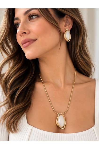Cream Marble Stone Long Necklace and Earring Set – Stylish Women's Jewelry Set
