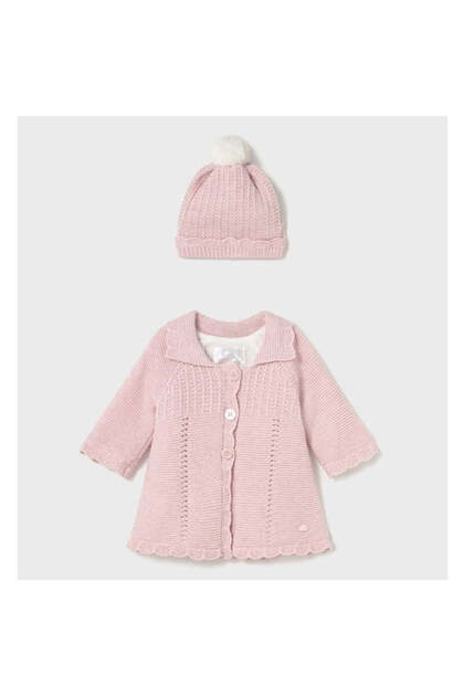 Winter Baby Girl Knitted Fur Long Coat Hat Set Pink