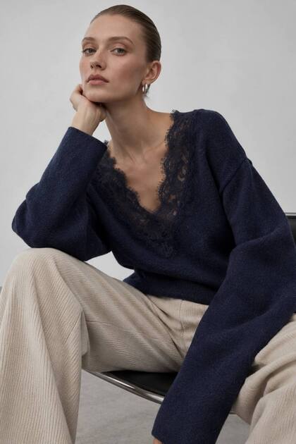 Lace Detailed V-Neck Women's Knitwear Sweater 52116101
