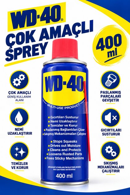 WD-40 Çok Amaçlı Bakım Spreyi 400 ml Pas Sökücü Yağlayıcı Nem Giderici Koruyucu Sprey