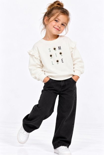 Girl's Ecru Long Sleeve Pompom Sweatshirt - Basic Comfortable Sweatshirt with Text Pattern